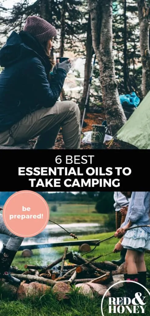 Longer Pinterest pin with two images. Top image is a woman holding a cup of coffee sitting in the woods.