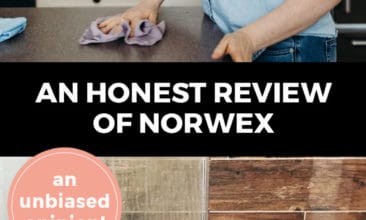 Longer pinterest pin with two images. Top image is of a woman cleaning her table with a norwex cloth. Bottom image is of a dirty shower. Text overlay says, "An honest review of norwex, an unbiased opinion".