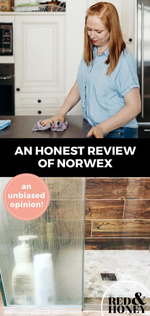 Longer pinterest pin with two images. Top image is of a woman cleaning her table with a norwex cloth. Bottom image is of a dirty shower. Text overlay says, "An honest review of norwex, an unbiased opinion".