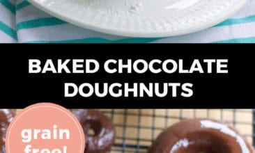 Longer Pinterest pin with two images. Top image is a stack of four doughnuts covered in powdered sugar. The bottom image is of donuts covered in a chocolate glaze. Text overlay says, "Baked Chocolate Doughnuts: grain-free!"