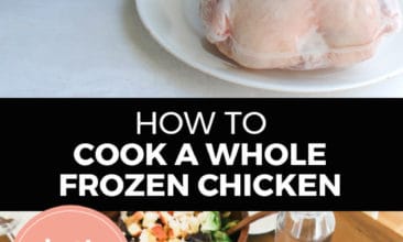 Longer Pinterest pin with two images. Top image is of an instant pot with a frozen chicken sitting on a plate in front of it. Bottom image is of a whole cooked chicken on a platter. Text overlay says, "How to cook a whole frozen chicken... in the Instant Pot!"