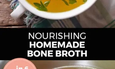 Longer Pinterest pin with two images. Top image is of a bowl full of bone broth with chopped herbs on top. Bottom image is a pot filled with veggies and chicken bones to make broth. Text overlay says, "Nourishing Homemade Bone Broth... in 6 simple steps!"