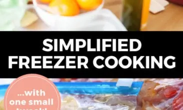 Longer Pinterest pin with two images. Top image is of two women in the kitchen chopping vegetables. Bottom image is of freezer ziptop bags filled with freezer meals. Text overlay says, "Simplified Freezer Cooking... with one small tweak!"