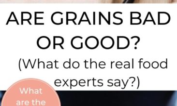 Pinterest pin collage. One image is of a person holding out a loaf of bread, the second is of a chef standing behind a kitchen work surface that is heavily dusted with flour, a ball of dough is on the floured surface. Text overlay reads "Are grains bad for you? What do the real experts say?"
