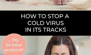 Collage of images: one image is of a woman blowing her nose with a white background, second image is a closeup shot of a head of garlic. Text overlay says "how to stop a cold virus in its tracks: the best 24 hour protocol"