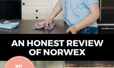 Pinterest pin with two images. Top image is of a woman cleaning her table with a norwex cloth. Bottom image is of a dirty shower. Text overlay says, "An honest review of norwex, an unbiased opinion".