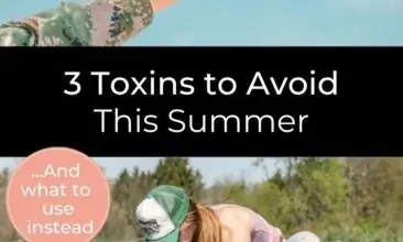 Collage with 2 images, the first shows a bumblebee landing on a white daisy, the second, below the first, shows a redhaired woman crouched down in her garden, planting seedlings. Text reads "3 Toxins to Avoid this Summer... and what to use instead."