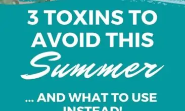 Collage with 2 images, the first shows a bumblebee landing on a white daisy, the second, below the first, shows a redhaired woman crouched down in her garden, planting seedlings. Text reads "3 Toxins to Avoid this Summer... and what to use instead."