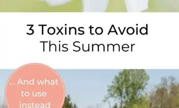 Collage with 2 images, the first shows a bumblebee landing on a white daisy, the second, below the first, shows a redhaired woman crouched down in her garden, planting seedlings. Text reads "3 Toxins to Avoid this Summer... and what to use instead."