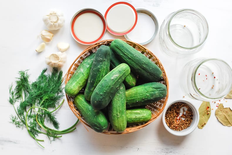 Photo from above, a full Basket of pickling cucumbers sits in the middle, fresh dill, garlic, spices, herbs and canning jars surround the basket. 