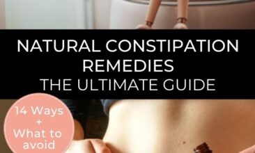 Pinterest Pin. One images is of a woman holding her stomach, the second is of a wooden art mannequin sitting on a toilet seat. Text Overlay reads "Natural Constipation Remedies: The Ultimate Guide"