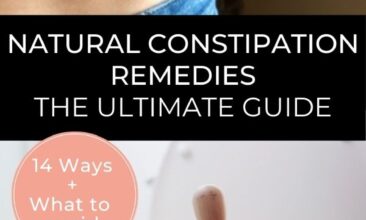 Pinterest Pin. One images is of a woman holding her stomach, the second is of a wooden art mannequin sitting on a toilet seat. Text Overlay reads "Natural Constipation Remedies: The Ultimate Guide"