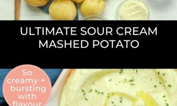 Pinterest pin with 2 images, the first is an overhead shot of mashed potatoes on a blue tea towel. The second image is an overhead shot of all the ingredients layed out on the surface.