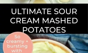 Pinterest pin with 2 images, the first is an overhead shot of mashed potatoes on a blue tea towel. The second image is an overhead shot of all the ingredients layed out on the surface.