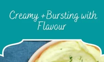 Pinterest pin with 2 images, the first is an overhead shot of mashed potatoes on a blue tea towel. The second image is an overhead shot of all the ingredients layed out on the surface.
