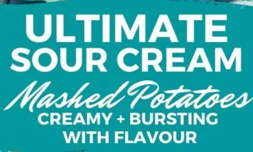 Pinterest pin with 2 images, the first is an overhead shot of mashed potatoes on a blue tea towel. The second image is an overhead shot of all the ingredients layed out on the surface.