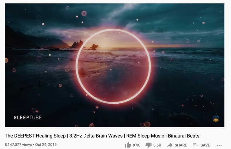 A screenshot of a YouTube channel with brainwave music slow delta waves to reduce anxiety and sleep better.