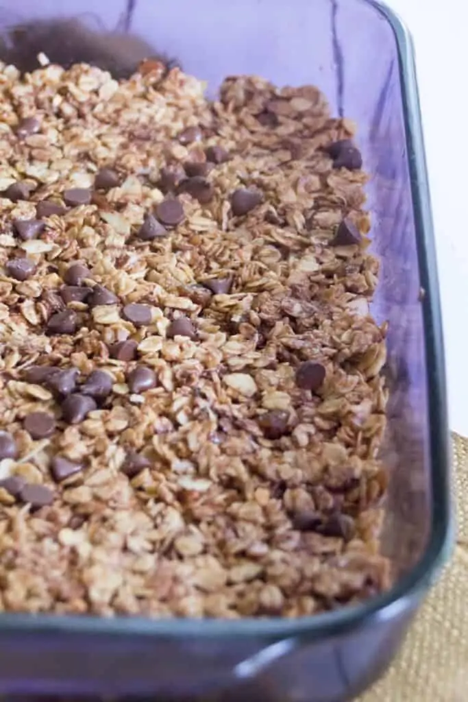 Close up image of healthy granola bars recipe with oats and honey and chocolate chips.