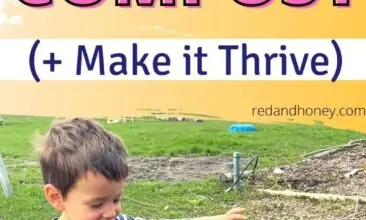 image of a kid standing next to a compost bin in the backyard, with an excited expression and outstretched arms. Text overlay reads How to Start a Backyard Compost and make it thrive.