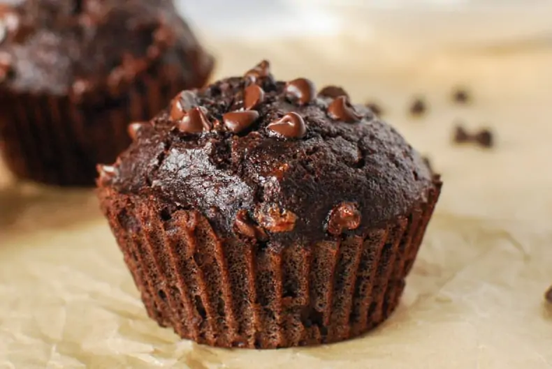 close up shot of coconut flour chocolate muffin with chocolate chips on top, sitting on a parchment paper surface