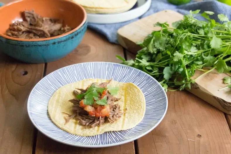 Shredded beef on a soft taco shell on a plate with tomato and cilantro garnish on a wood surface.