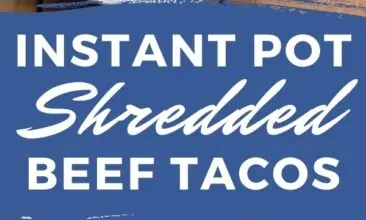 Pinterest pin; images are of shredded beef on tortillas with cilantro. Text overlay reads "Instant Pot Shredded Beef Tacos"