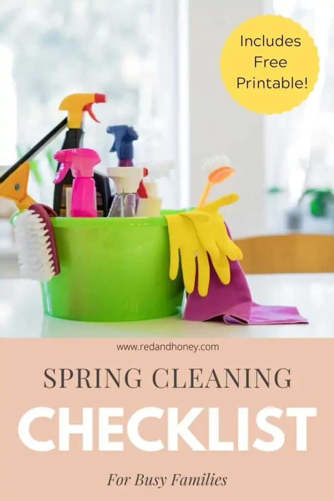 pinterest image of cleaning supplies with text overlay reading: spring cleaning checklist