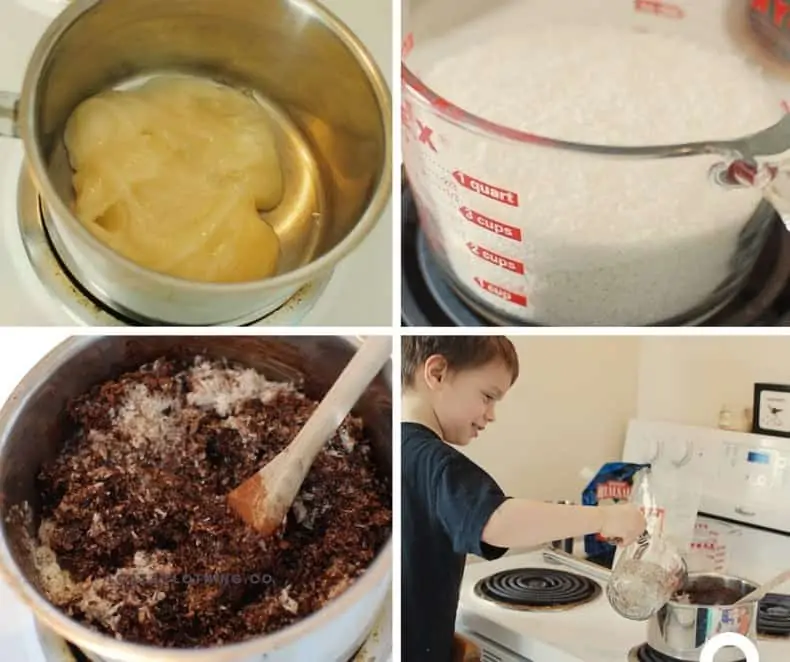 A collage of four photos showing the process of making chocolate coconut macaroons: honey melting in a pot, measured coconut, mixing together, and a child pouring ingredients.