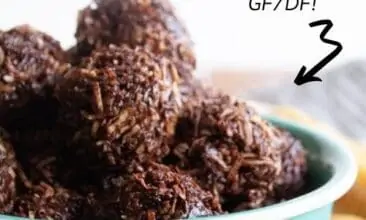 close up of chocolate coconut macaroons in a bowl, with text overlay of title