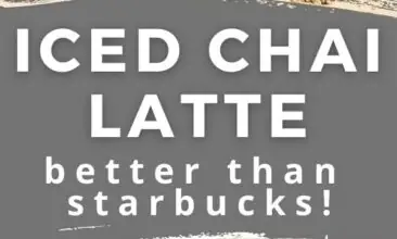 Collage of two images of iced chai latte being made - one with tea pouring into a glass, and one with milk being poured over the tea and ice. Text overlay for Pinterest also.