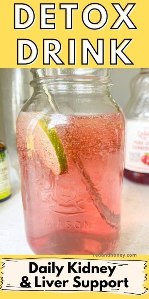 image of a sparkling pink cranberry lime drink for hydrating and detoxing, with text overlay for pinterest