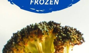 Pin for Pinterest; Image is of a piece of perfectly crispy broccoli held up on a fork, text overlay says "Perfect Air Fryer Broccoli; Fresh or Frozen"