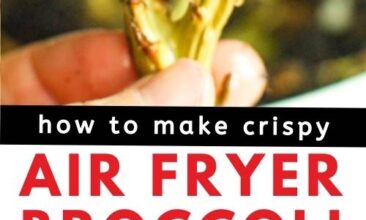 Pinterest Pin; one image shows a piece of crispy air-fryer cooked broccoli, the second shows a tray of prepared broccoli. Text overlay says "how to make crispy air fryer broccoli"